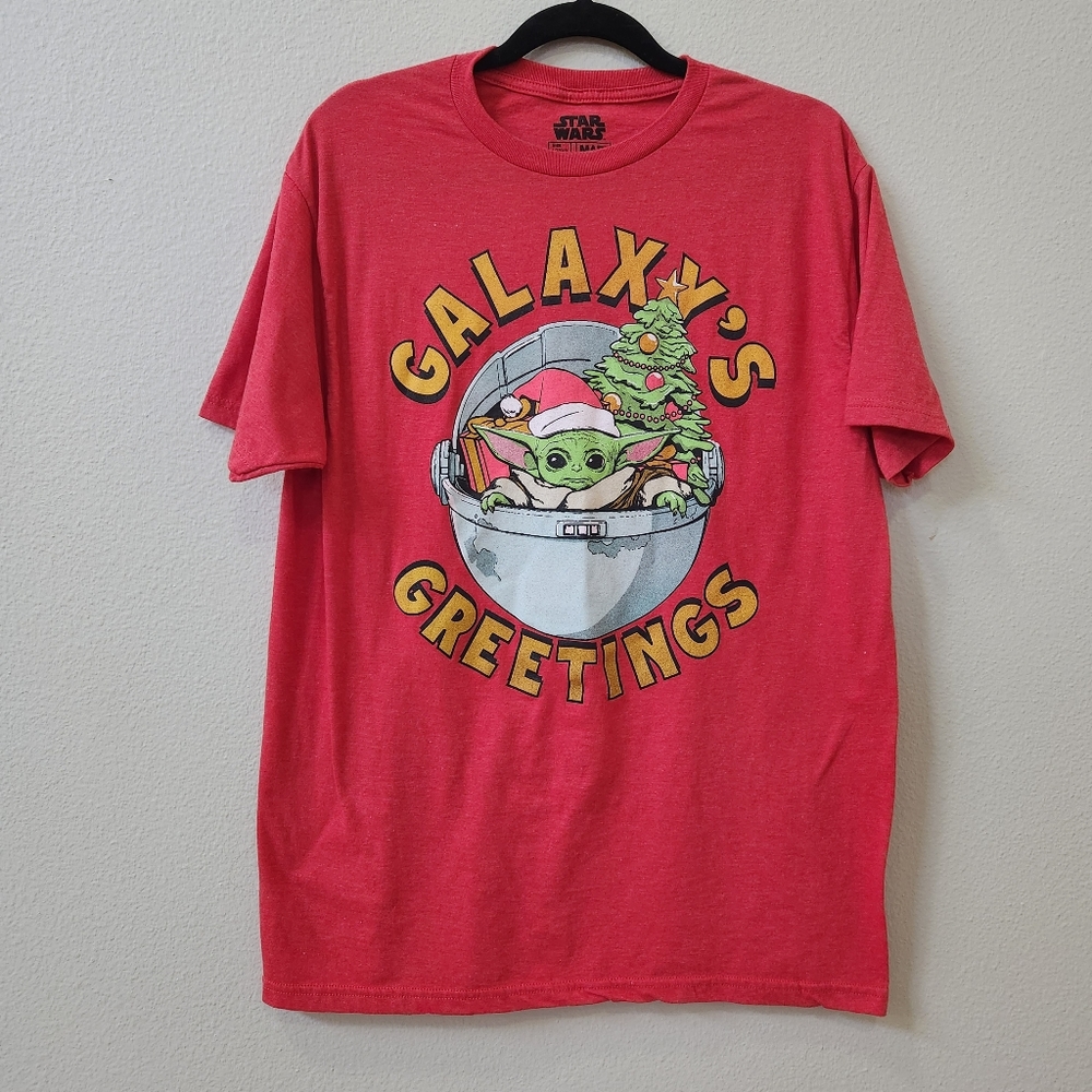 Star Wars Grogu Holiday T Shirt "Galaxy's Greetings" Red Men's Large Christmas